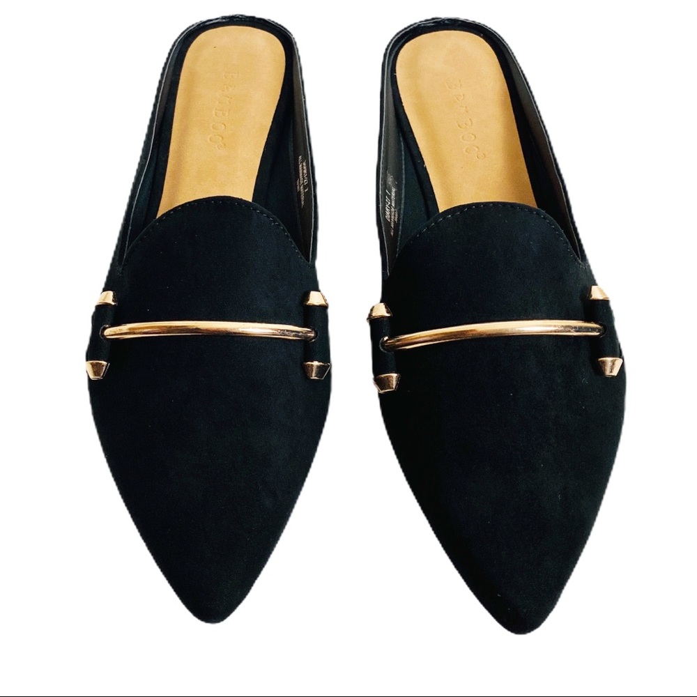 Bamboo Black Suede Pointed Toe Rose Gold Bit Mules - Picture 4 of 6